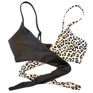 Halara Pink Leopard Print & Black Cutout Bikini Crossover Wrap Tie Swim Set – S